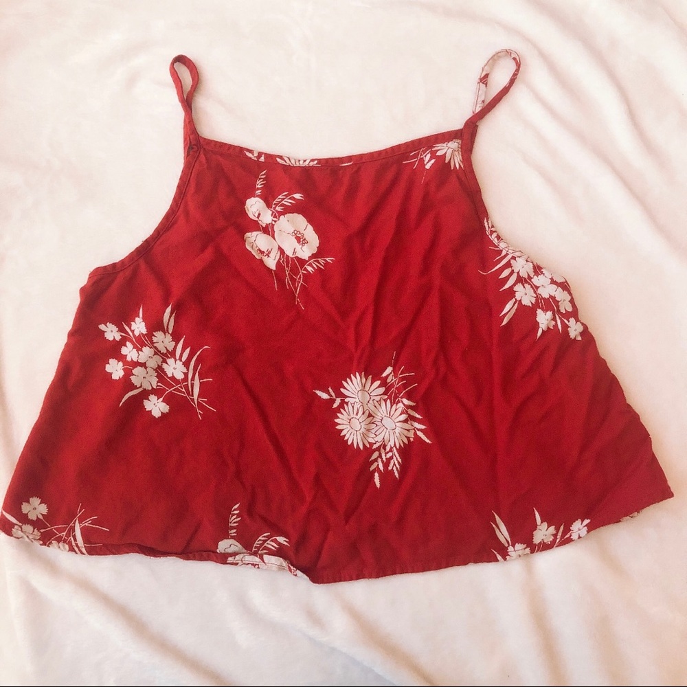 Red Floral High Neck Tank Top